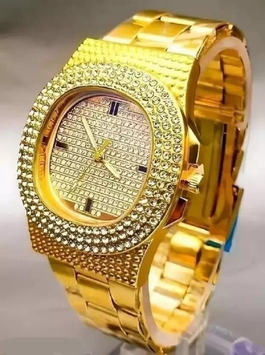 ( RICH And Premium) looking Golden Stone Studded Diamond Wrist Watch For (REAL MEN)